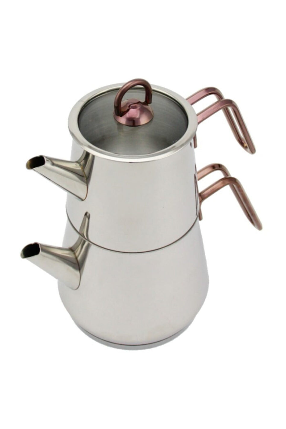 Akdeniz Pyramid Elite Mini size Stainless Steel Teapot Set - Special Series Teapot with Copper Color Metal Handles