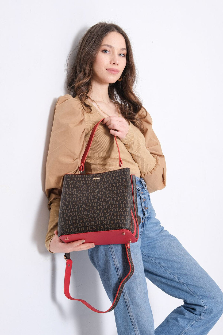 Just Polo Women's Brown Red Print Pattern 3-Compartment Crossbody Shoulder Bag - MALLTURK