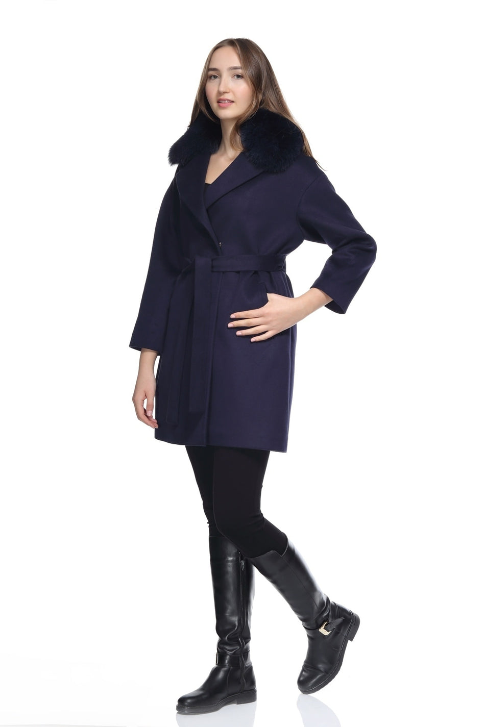 Leather Club Fox Navy Cashmere Coat with Accessories