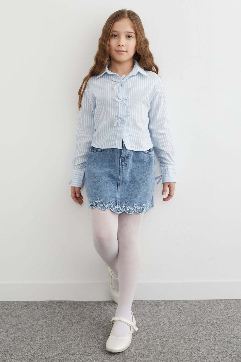 100% Cotton Floral Embroidered Girls' Denim Skirt - MALLTURK