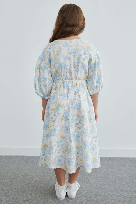 100% Cotton Floral Patterned Girl's Dress - MALLTURK