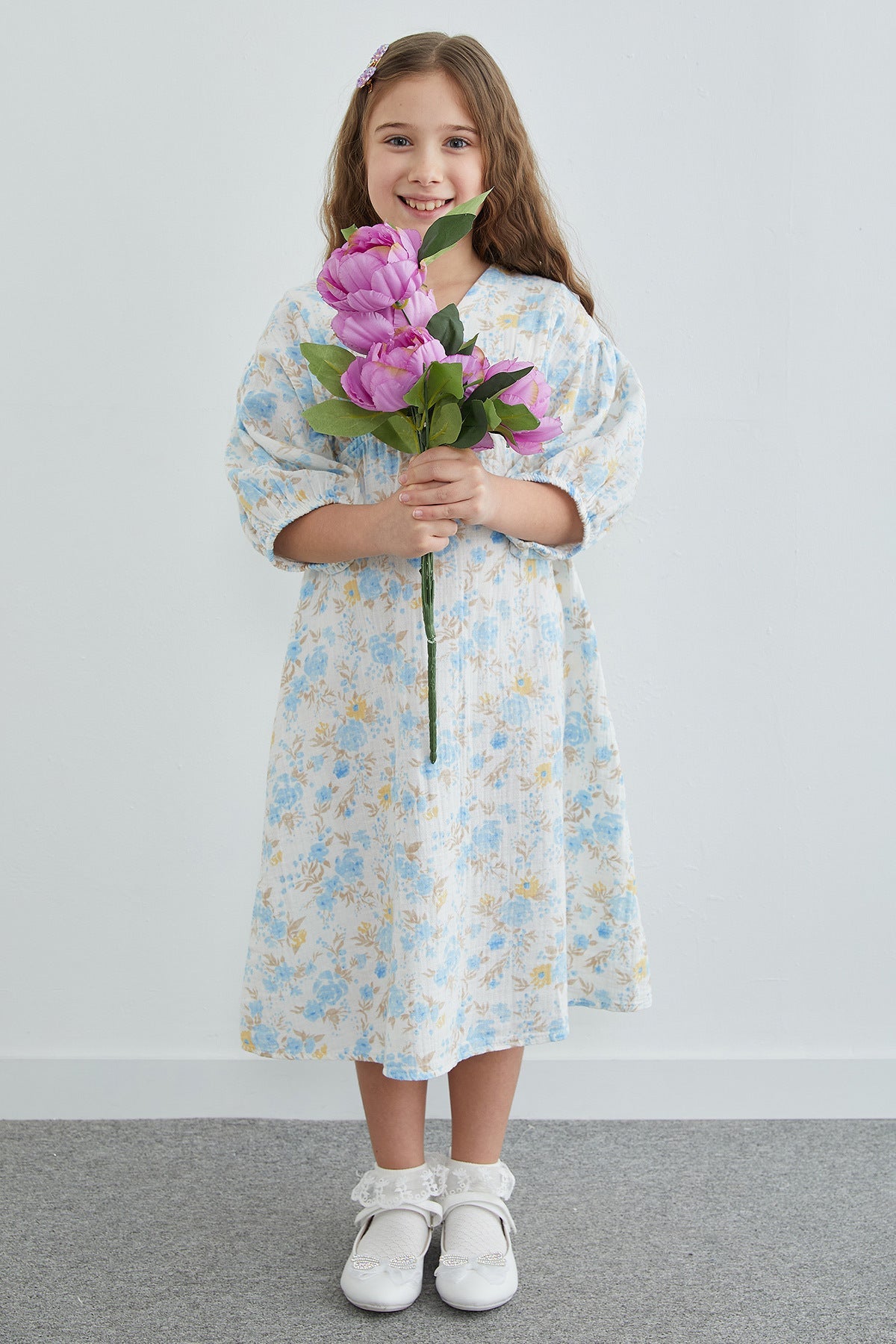 100% Cotton Floral Patterned Girl's Dress - MALLTURK