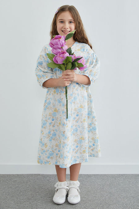100% Cotton Floral Patterned Girl's Dress - MALLTURK