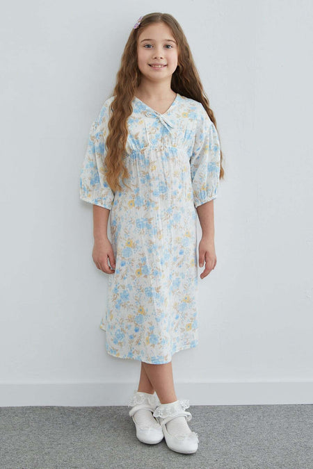 100% Cotton Floral Patterned Girl's Dress - MALLTURK