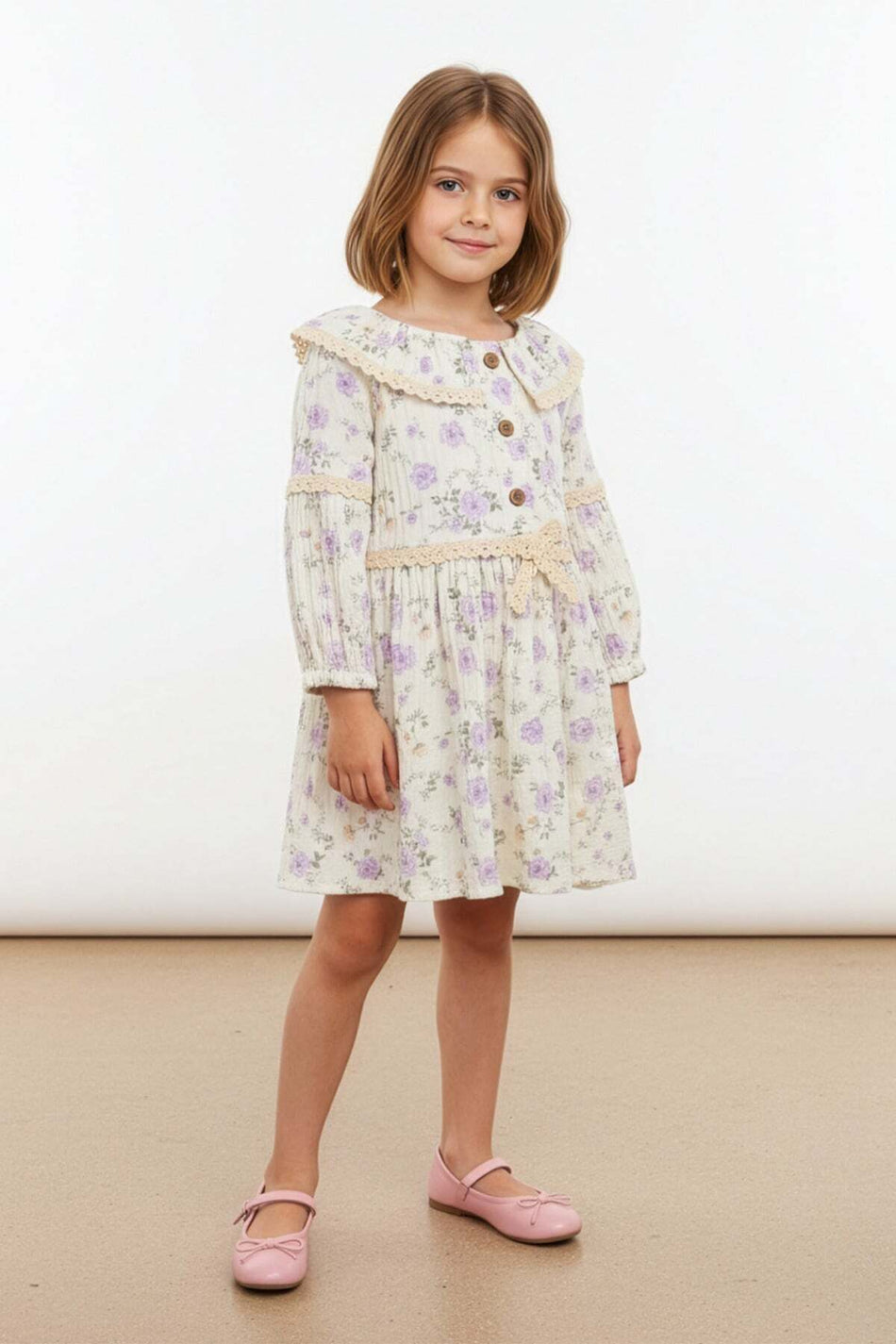 100% Cotton Lace Peter Pan collar Girls' Dress - MALLTURK