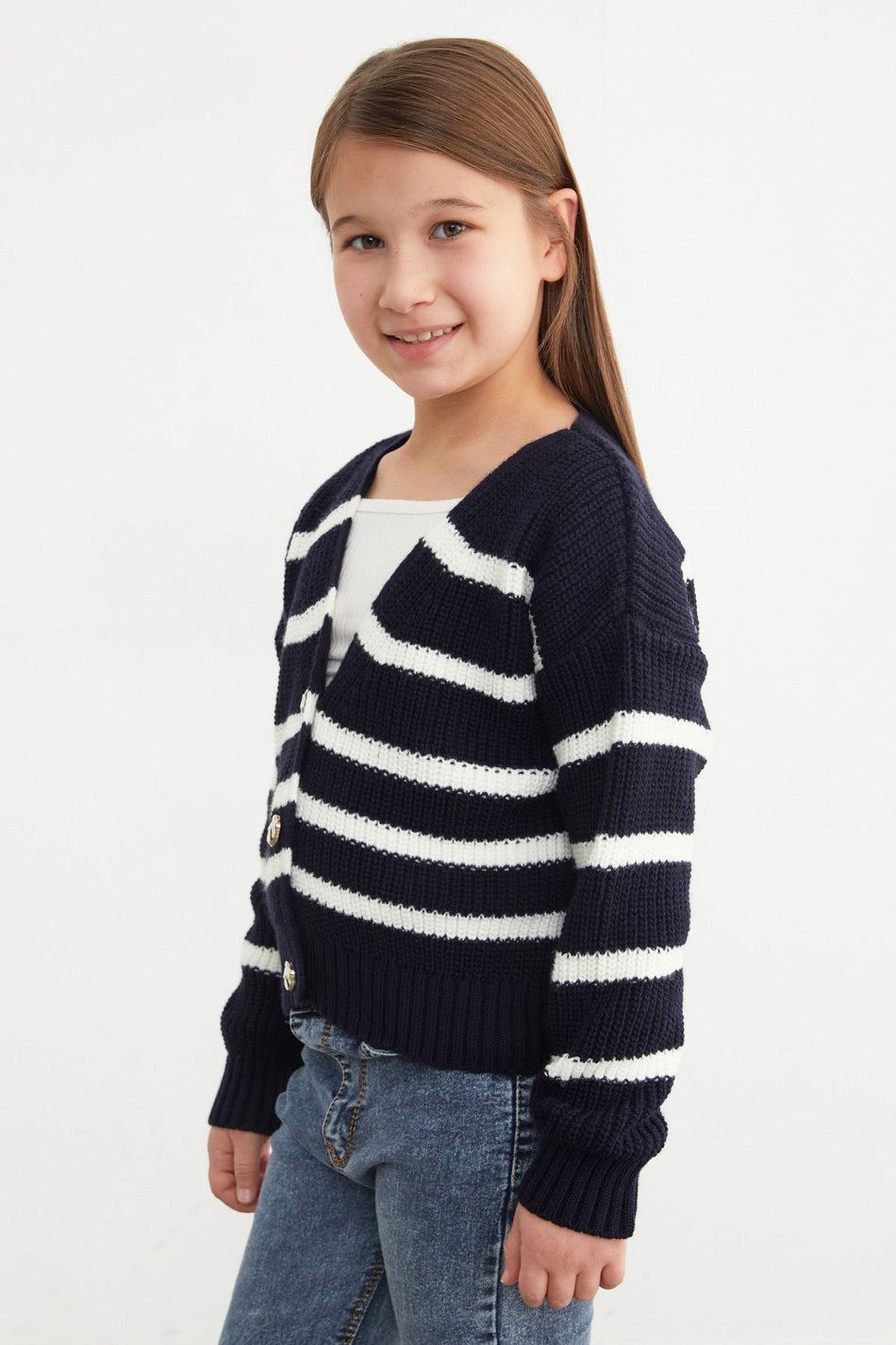 100% Cotton Striped Buttoned Girls' Knit Cardigan - MALLTURK