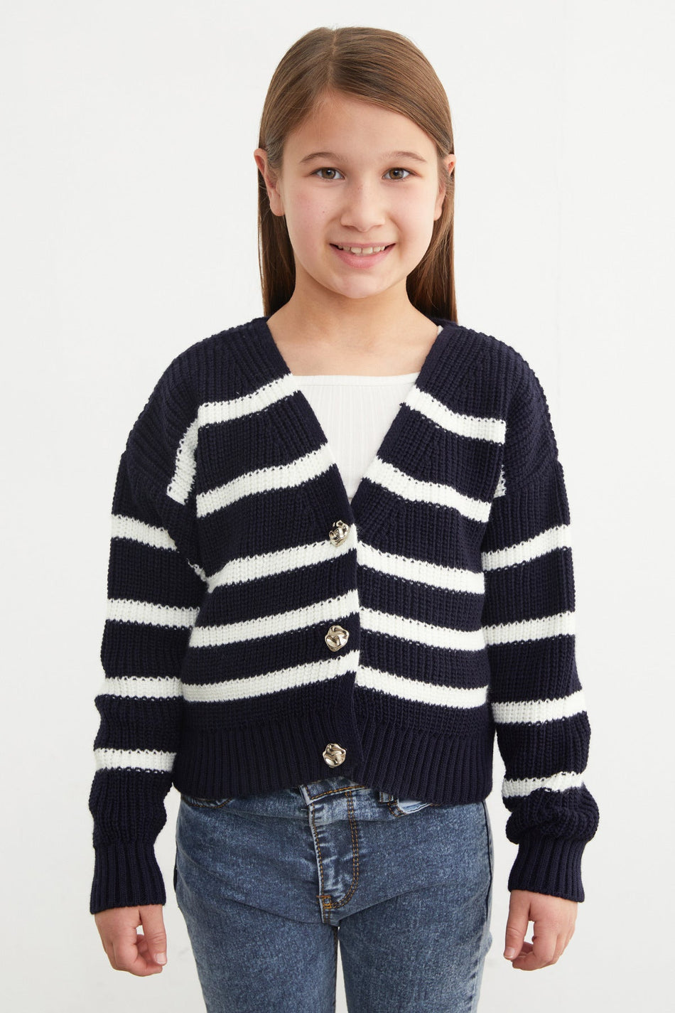 100% Cotton Striped Buttoned Girls' Knit Cardigan - MALLTURK