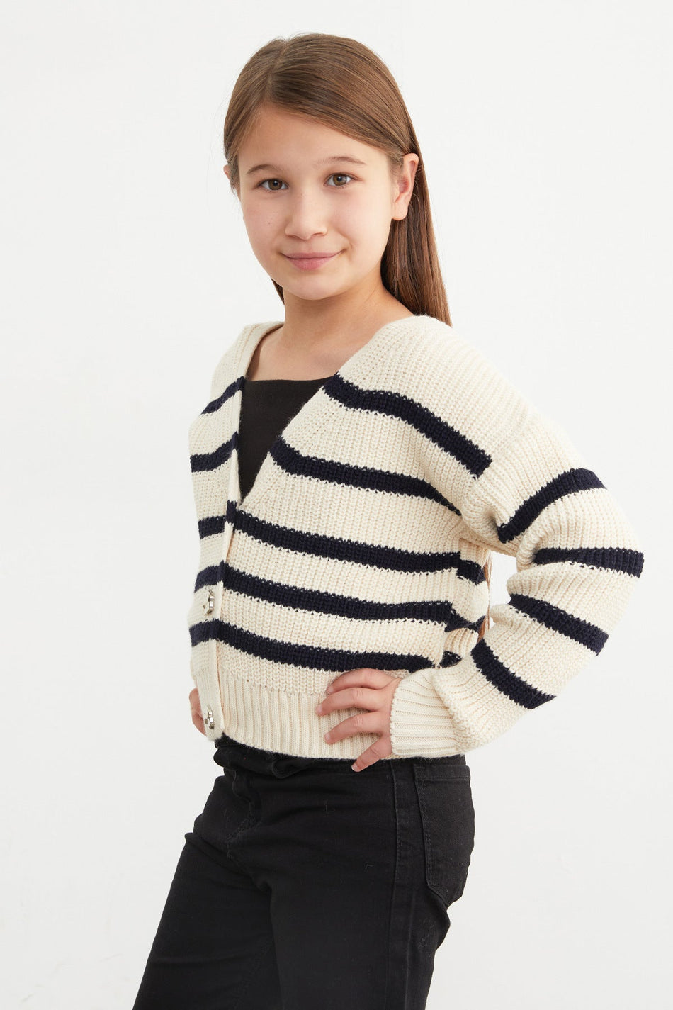 100% Cotton Striped Buttoned Girls' Knit Cardigan - MALLTURK