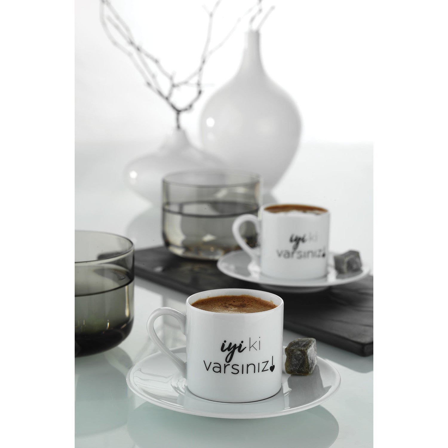 Kütahya Porselen 'Glad You Exist' 4-Piece Turkish Coffee Cup Set for 2