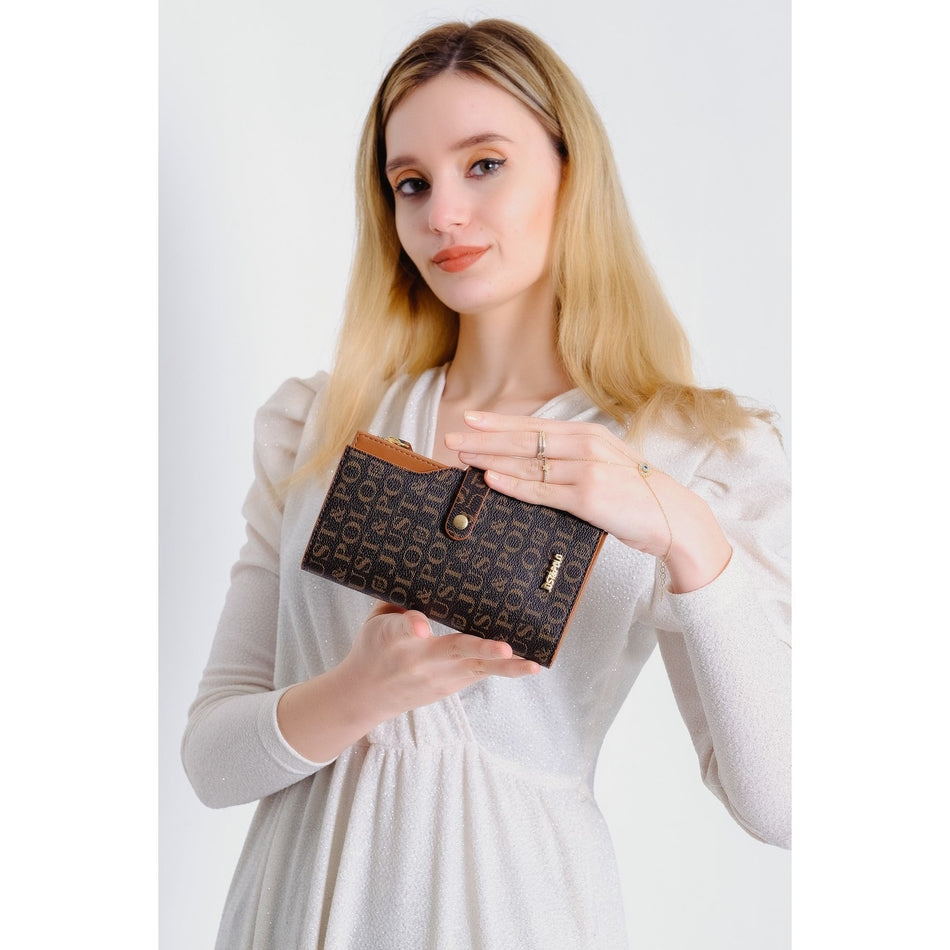 Just Polo Brown-Tan Women's Printed Design Card Holder Wallet with Lock Detail JP009 Black - Tan
