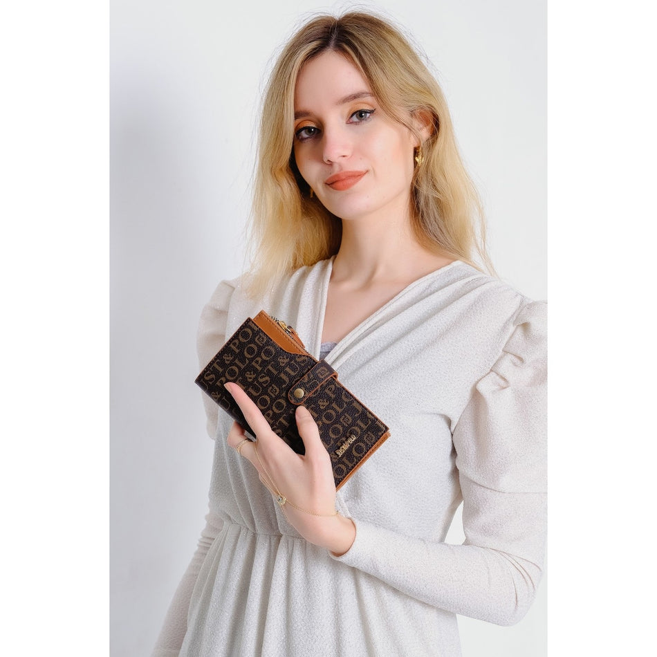 Just Polo Brown-Tan Women's Printed Design Card Holder Wallet with Lock Detail JP009 Black - Tan