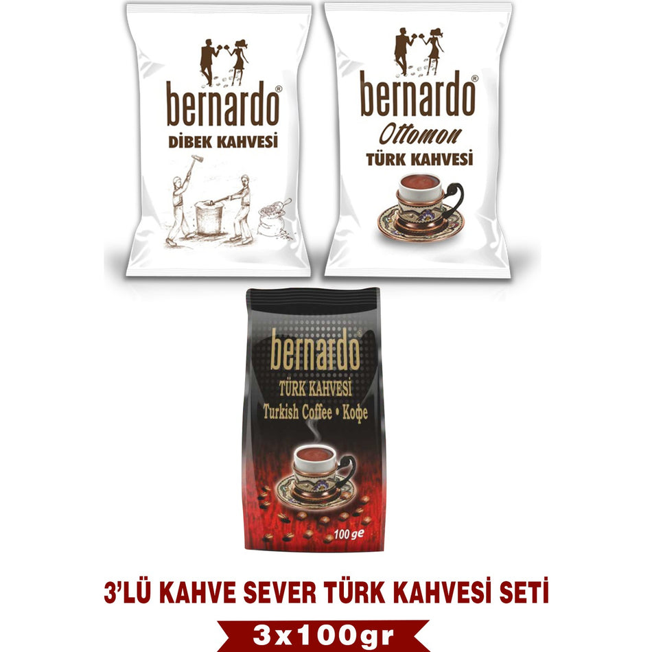 Bernardo 3-Piece Coffee Lover Set 100g (Bernardo Turkish Coffee - Ottoman - Dibek) - MALLTURK