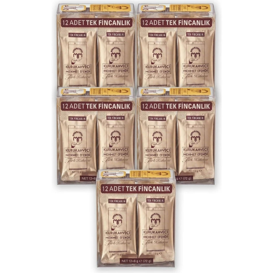 Kurukahveci Mehmet Efendi Turkish Coffee, Single Serving, 12 x 6 Gram x 5 Packs (60 Coffees in 5 Packs) - MALLTURK