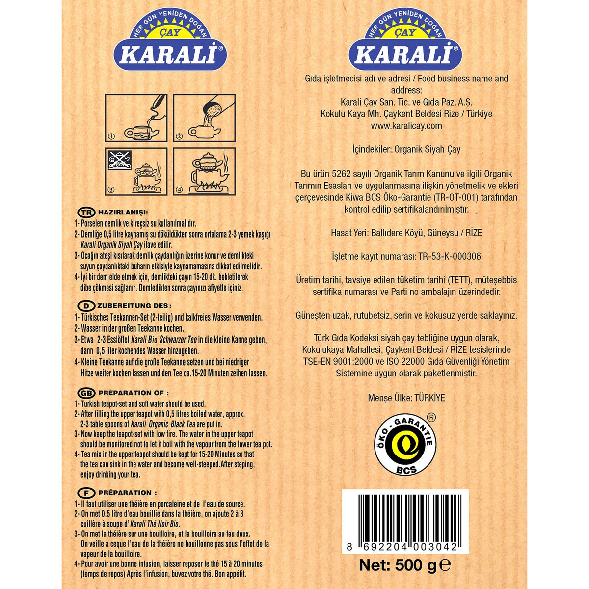 Karali tea Karali Organik loose leaf black tea 500 g x 3 pack Turkiye Menseli quality flavored tea - MALLTURK