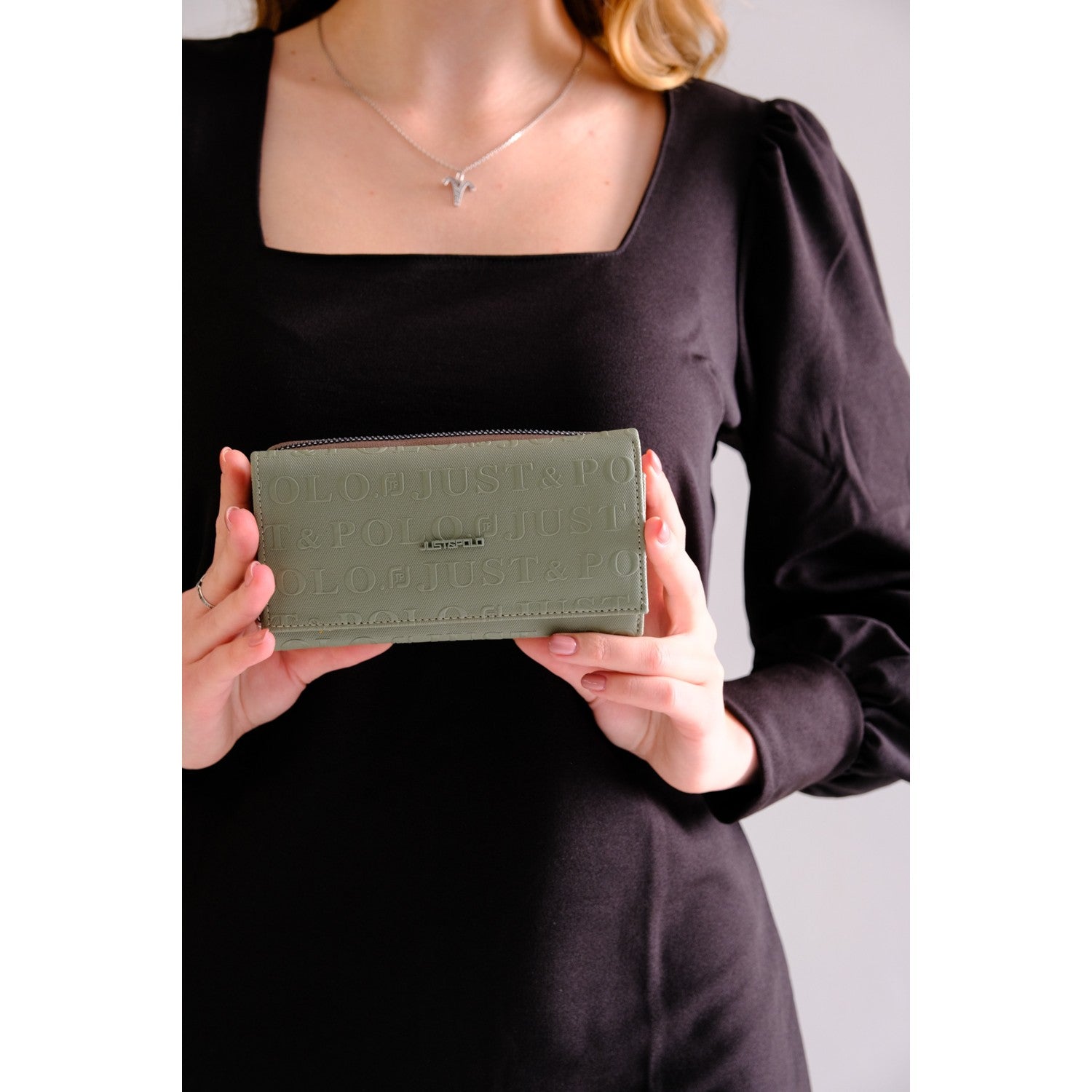 Just Polo Women's Khaki Green Multifunctional Vegan Wallet with 8 Card Slots + 1 ID Card, Snap and Zipper Closure - MALLTURK