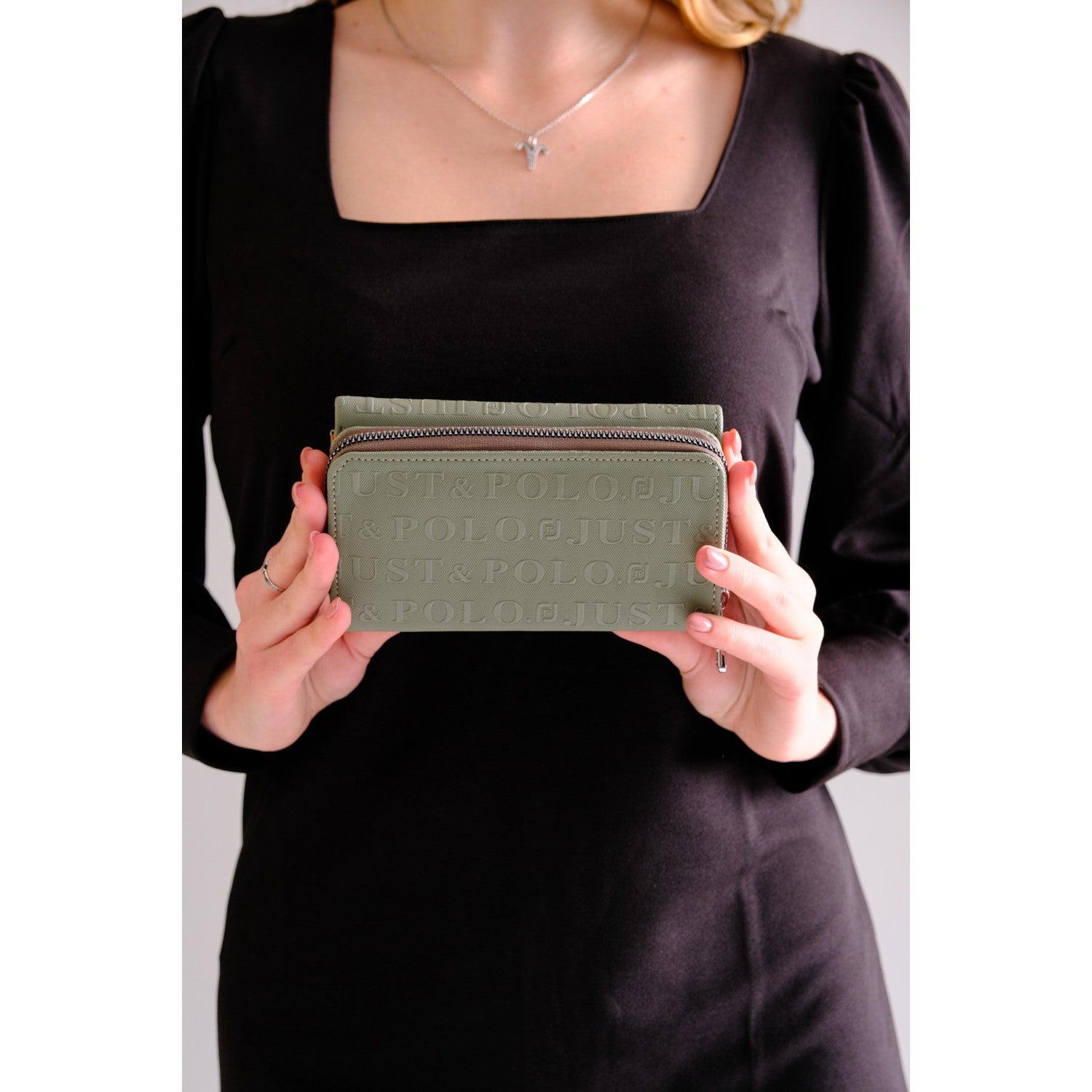 Just Polo Women's Khaki Green Multifunctional Vegan Wallet with 8 Card Slots + 1 ID Card, Snap and Zipper Closure - MALLTURK