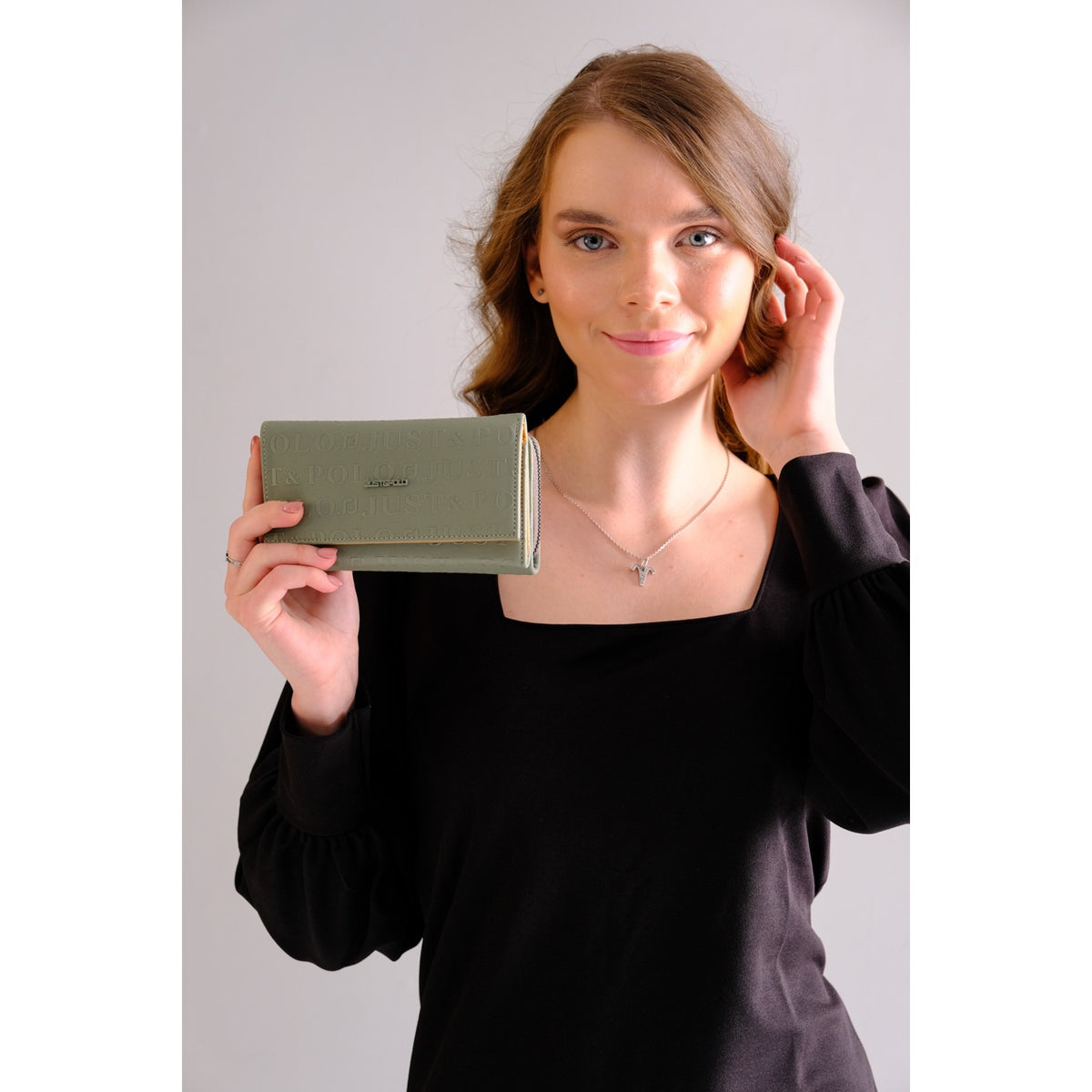 Just Polo Women's Khaki Green Multifunctional Vegan Wallet with 8 Card Slots + 1 ID Card, Snap and Zipper Closure - MALLTURK