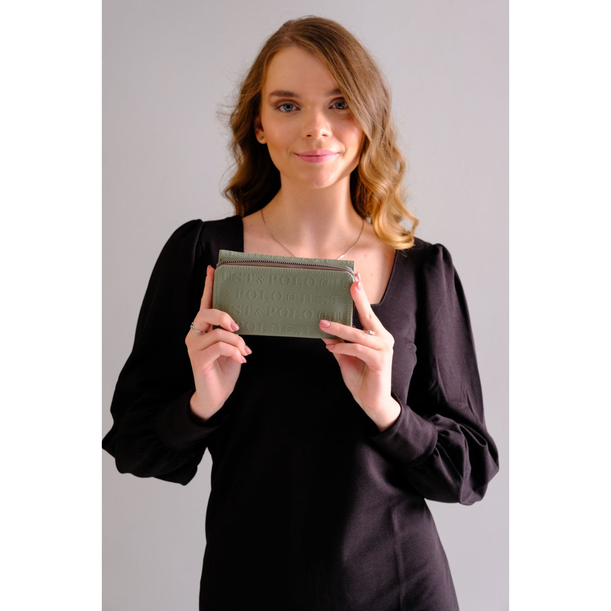 Just Polo Women's Khaki Green Multifunctional Vegan Wallet with 8 Card Slots + 1 ID Card, Snap and Zipper Closure - MALLTURK