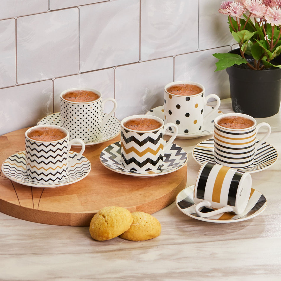 Karaca Nossa Black and White Porcelain Turkish Coffee Cup Set for 6, 80 ml - MALLTURK