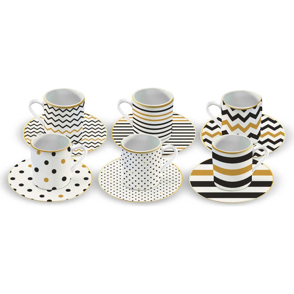 Karaca Nossa Black and White Porcelain Turkish Coffee Cup Set for 6, 80 ml - MALLTURK