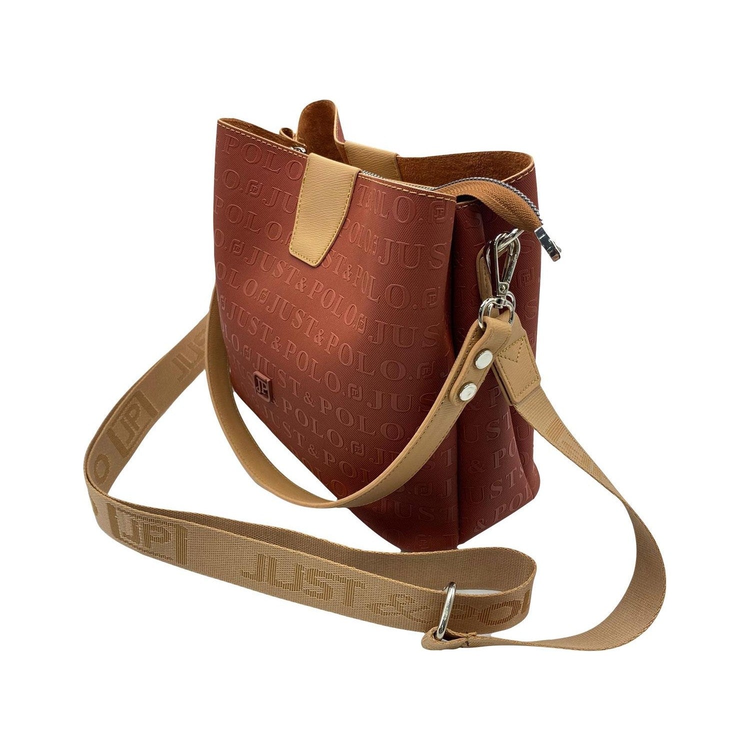 Just Polo Women's Embossed Print Just & Polo 3-Compartment Shoulder Bag Terracotta - MALLTURK