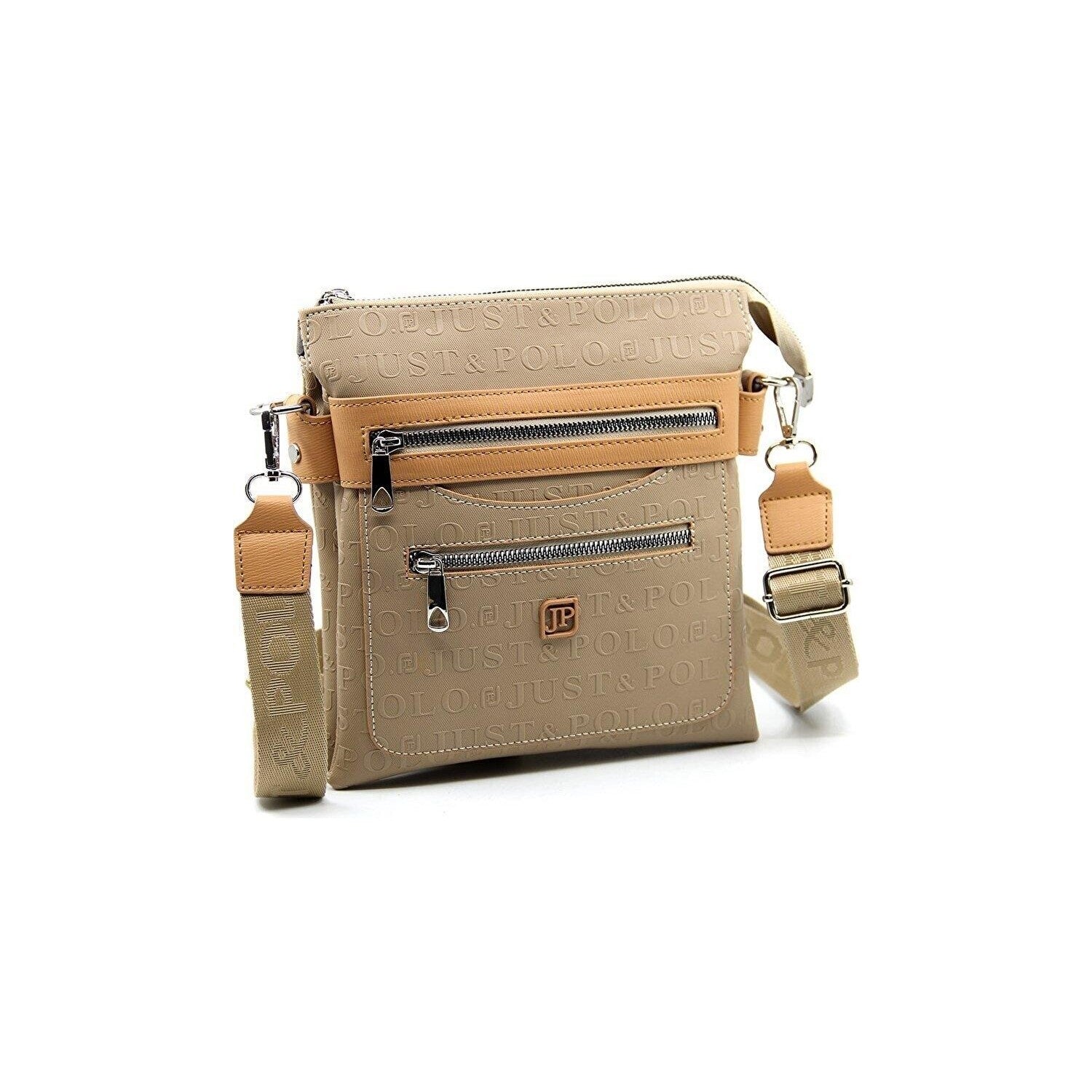 Just Polo Women's Embossed Print 6-Compartment Shoulder Bag Sand Color - MALLTURK