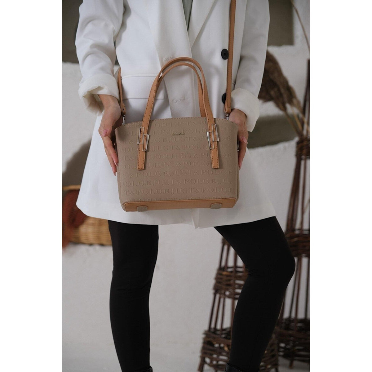 Just Polo Women's Embossed Print Zipper Closure Shoulder and Handbag with Long Adjustable Shoulder Strap Sand Women's Handbag - MALLTURK
