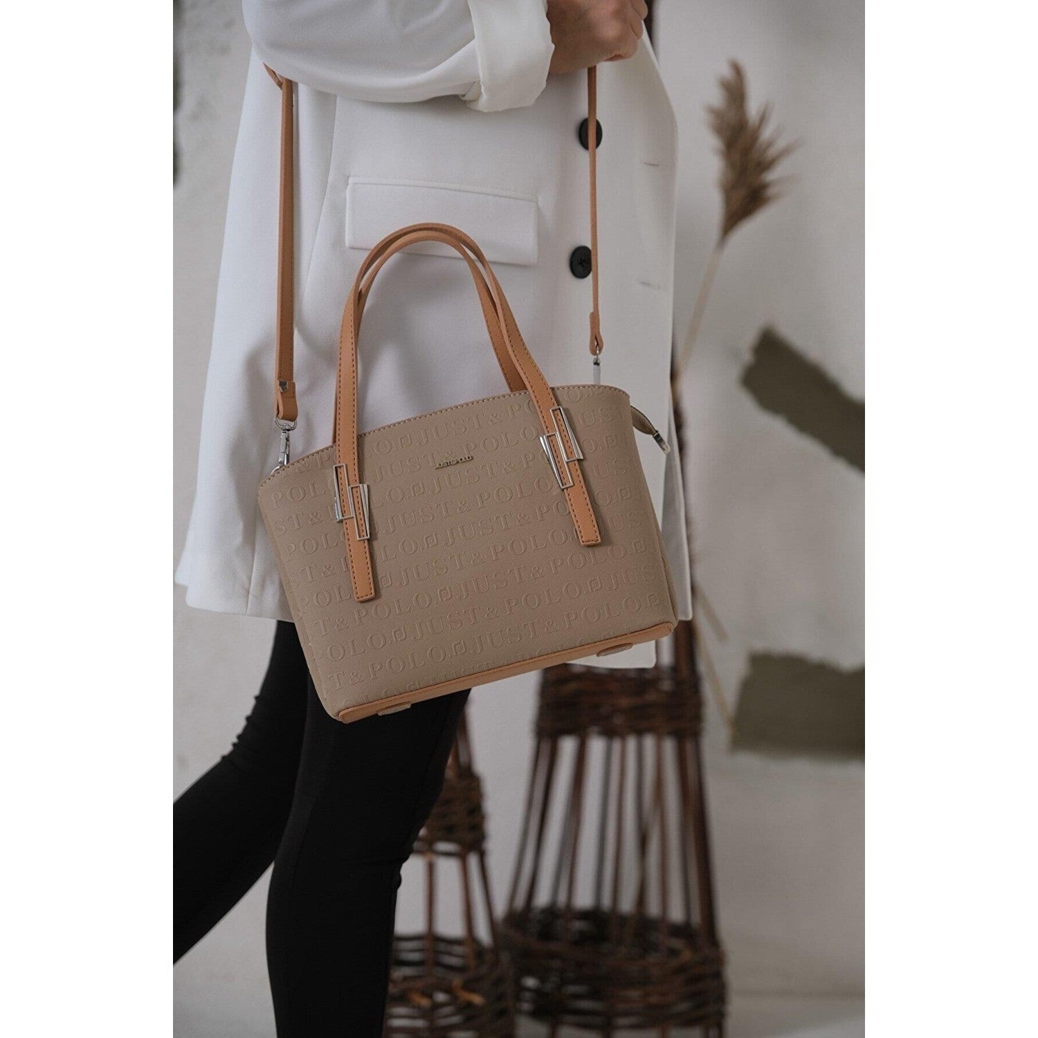 Just Polo Women's Embossed Print Zipper Closure Shoulder and Handbag with Long Adjustable Shoulder Strap Sand Women's Handbag - MALLTURK