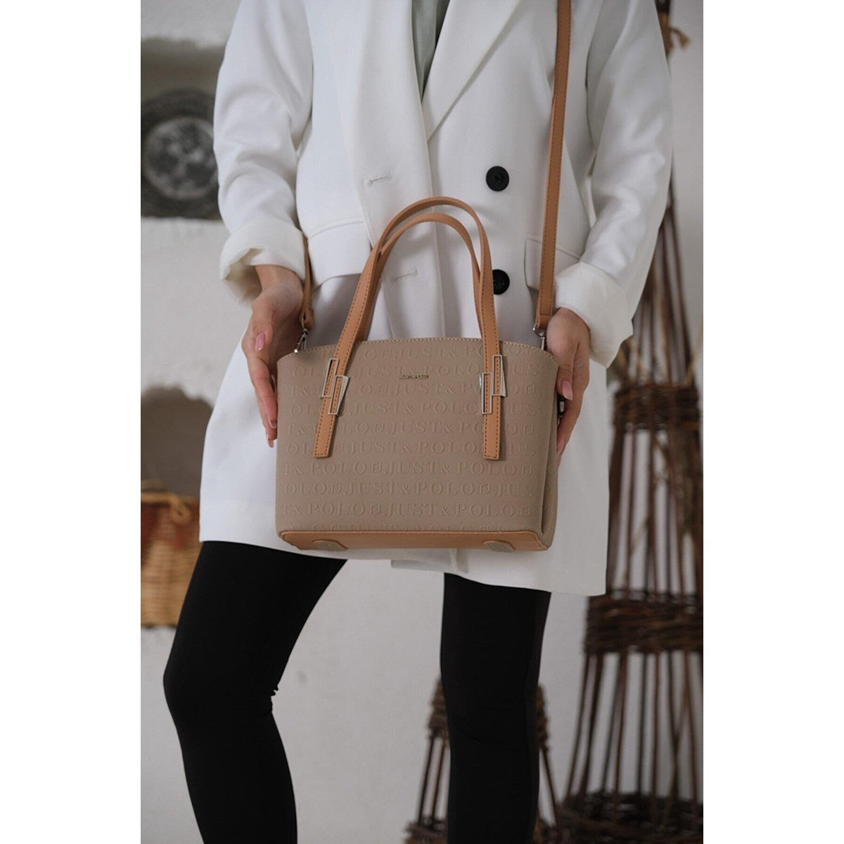 Just Polo Women's Embossed Print Zipper Closure Shoulder and Handbag with Long Adjustable Shoulder Strap Sand Women's Handbag - MALLTURK