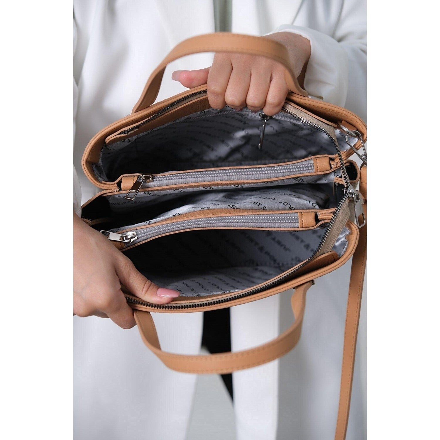 Just Polo Women's Embossed Print Zipper Closure Shoulder and Handbag with Long Adjustable Shoulder Strap Sand Women's Handbag - MALLTURK