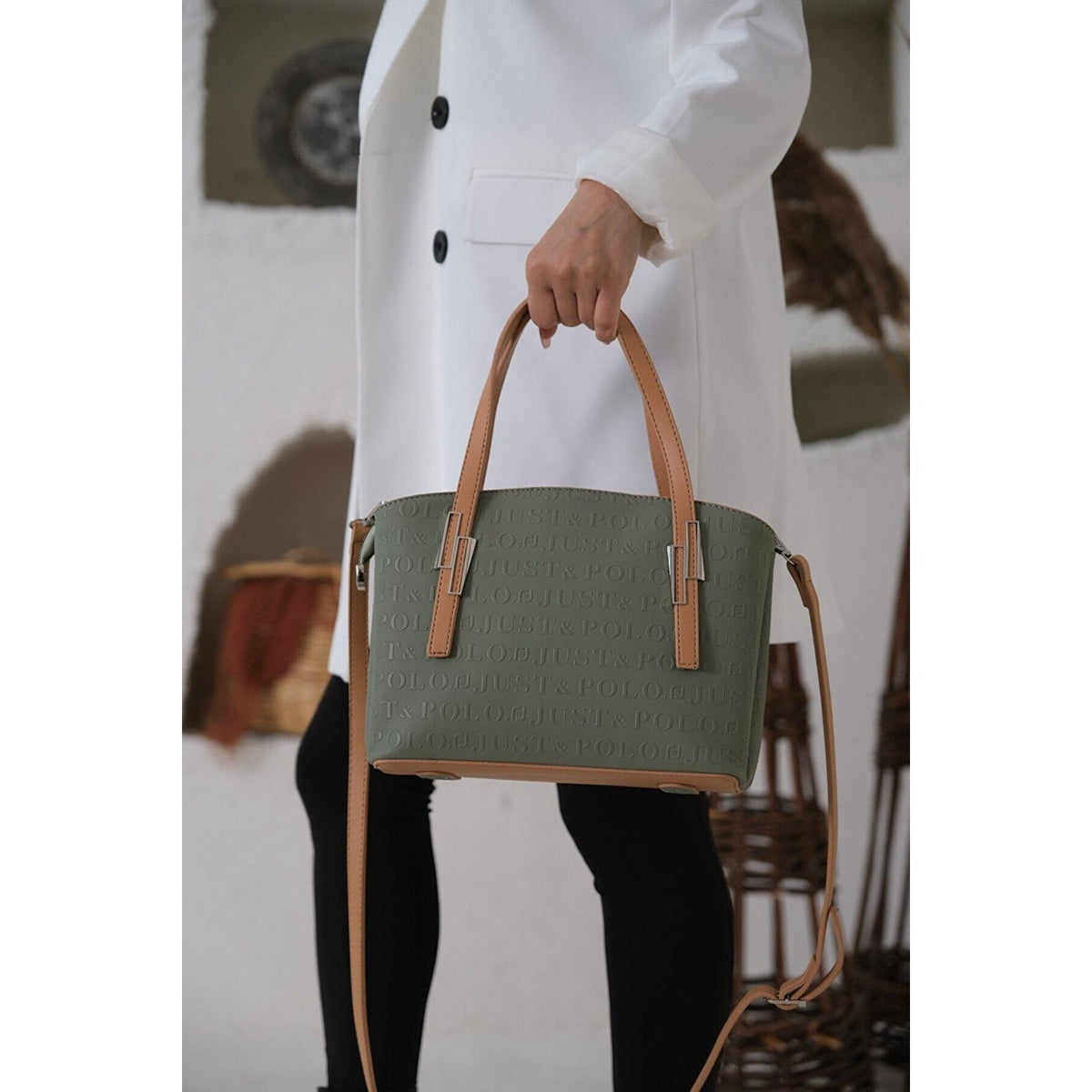 Just Polo Women's Embossed Print Zipper Closure Shoulder and Handbag with Long Adjustable Shoulder Strap Green - MALLTURK