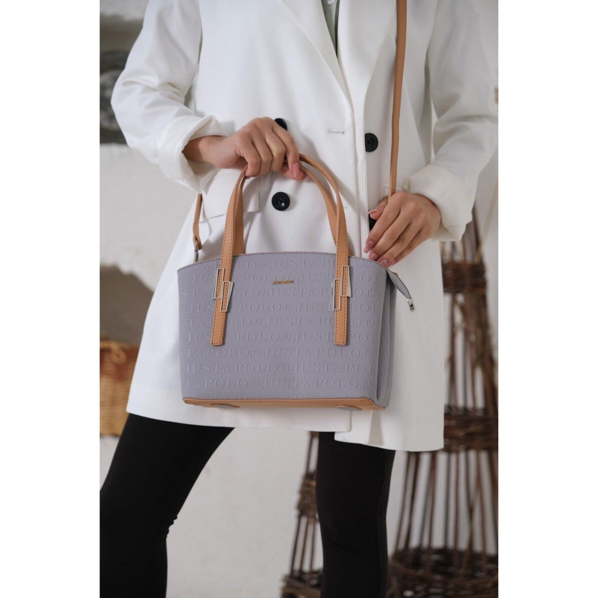 Just Polo Women's Embossed Print Zipper Closure Shoulder and Handbag with Long Adjustable Shoulder Strap Gray Fashion Bag - MALLTURK