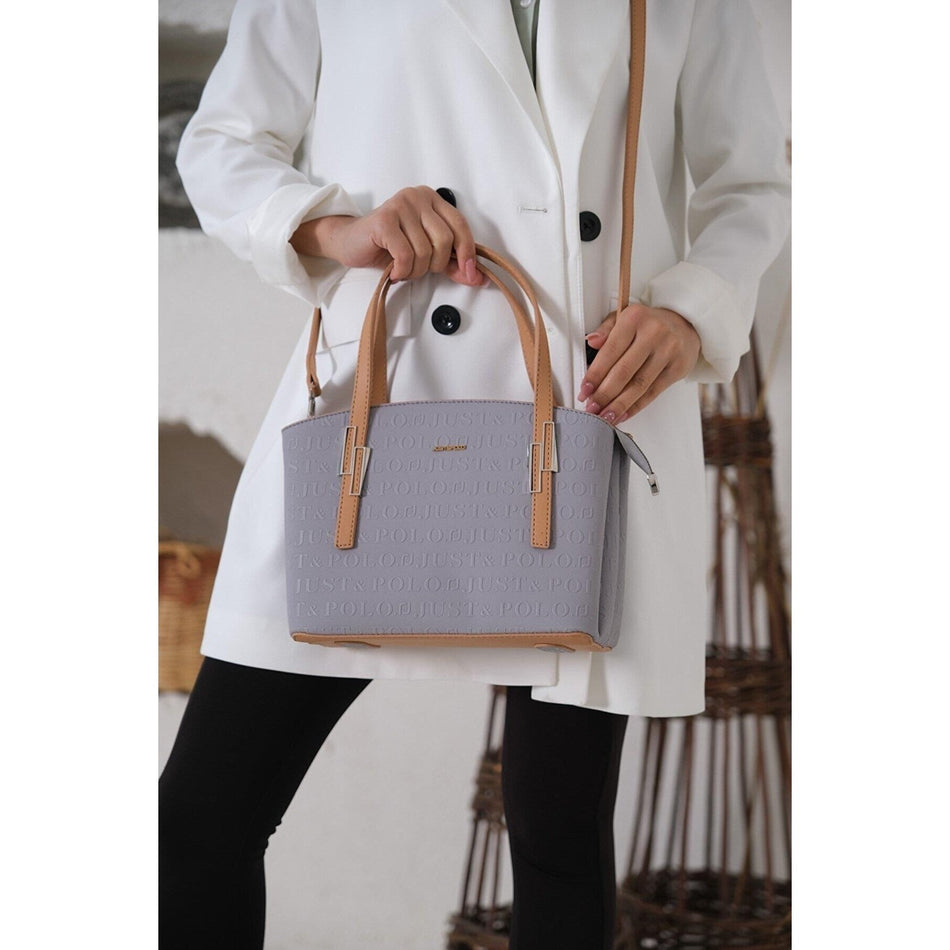 Just Polo Women's Embossed Print Zipper Closure Shoulder and Handbag with Long Adjustable Shoulder Strap Gray Fashion Bag - MALLTURK