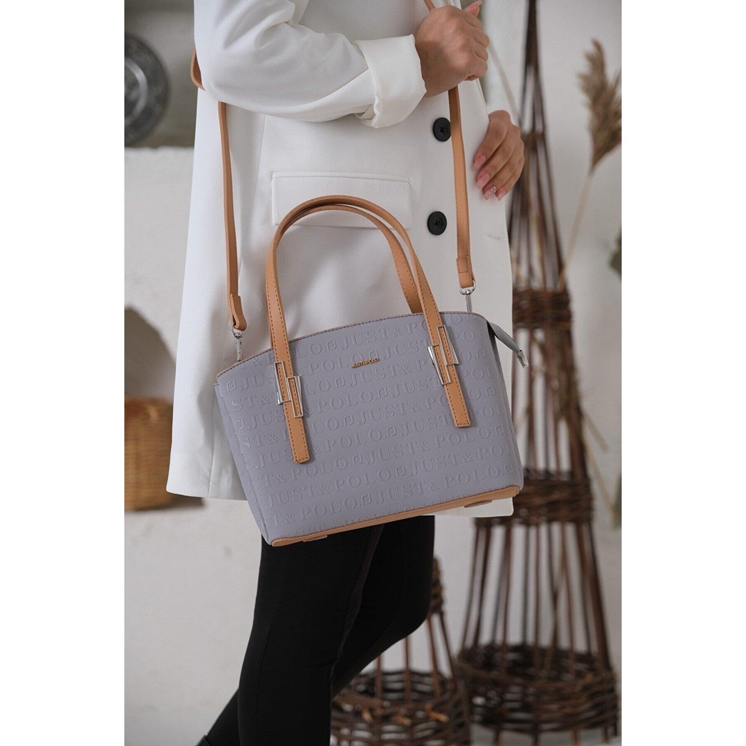 Just Polo Women's Embossed Print Zipper Closure Shoulder and Handbag with Long Adjustable Shoulder Strap Gray Fashion Bag - MALLTURK