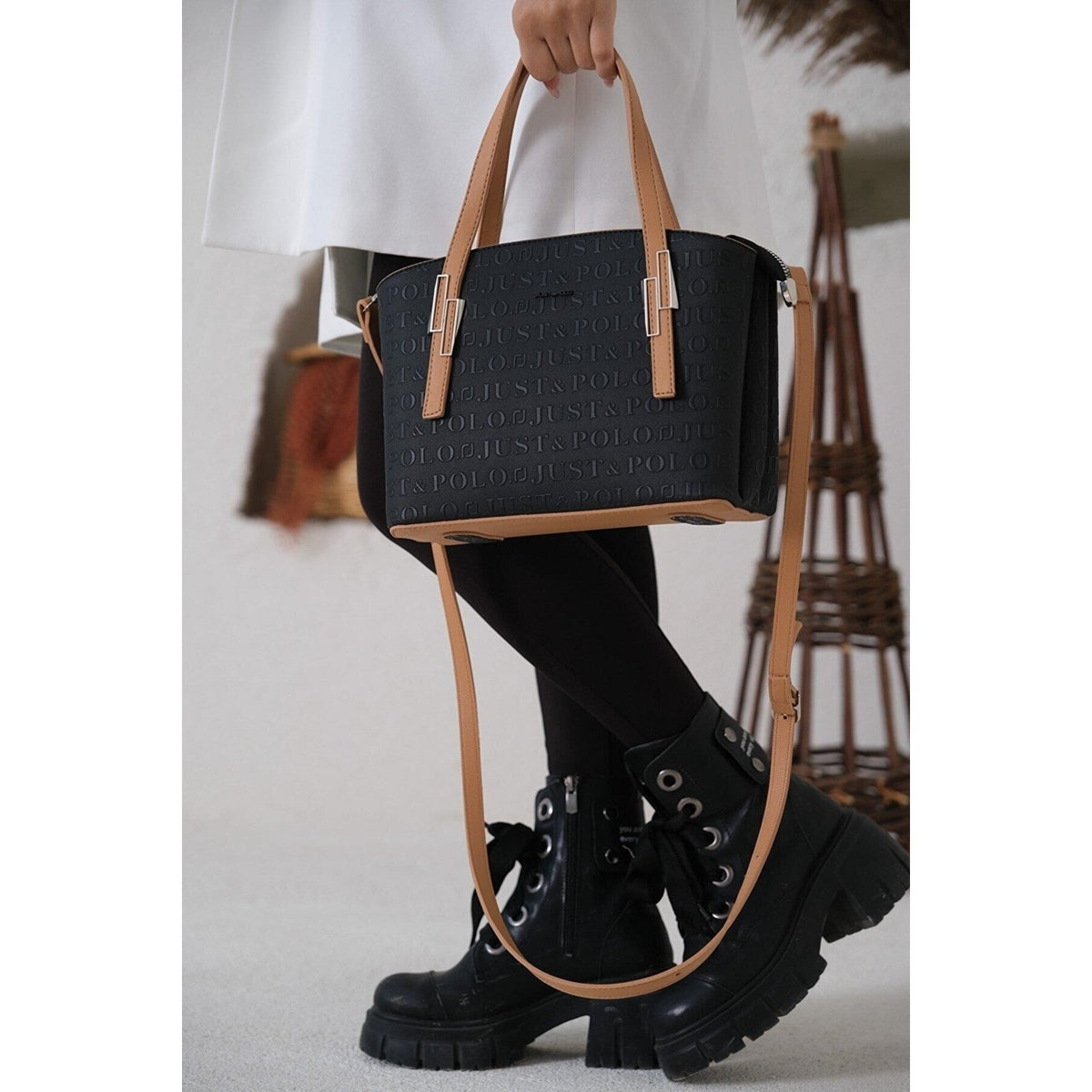 Just Polo Women's Embossed Print Zipper Closure Shoulder and Handbag with Long Adjustable Shoulder Strap Black - Tan - MALLTURK