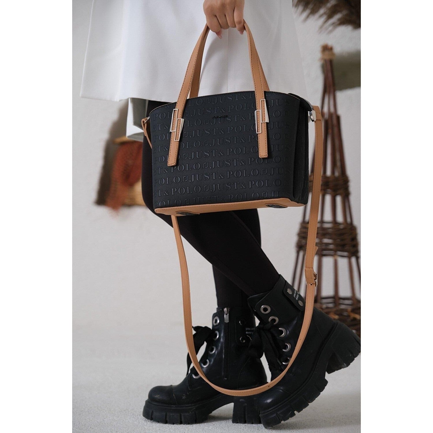 Just Polo Women's Embossed Print Zipper Closure Shoulder and Handbag with Long Adjustable Shoulder Strap Black - Tan - MALLTURK