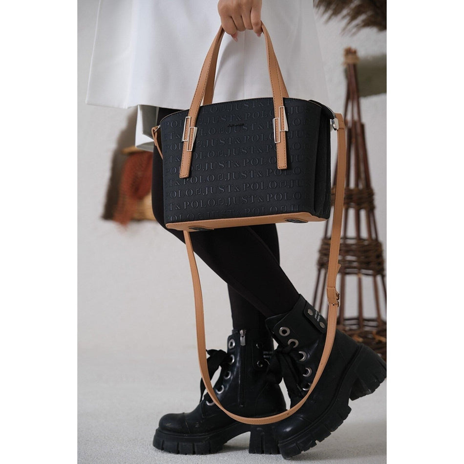 Just Polo Women's Embossed Print Zipper Closure Shoulder and Handbag with Long Adjustable Shoulder Strap Black - Tan - MALLTURK