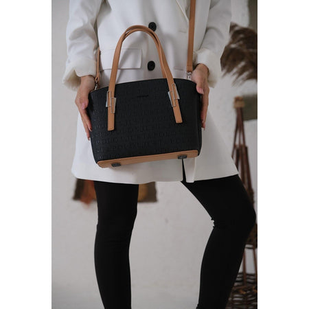 Just Polo Women's Embossed Print Zipper Closure Shoulder and Handbag with Long Adjustable Shoulder Strap Black - Tan - MALLTURK