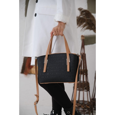 Just Polo Women's Embossed Print Zipper Closure Shoulder and Handbag with Long Adjustable Shoulder Strap Black - Tan - MALLTURK