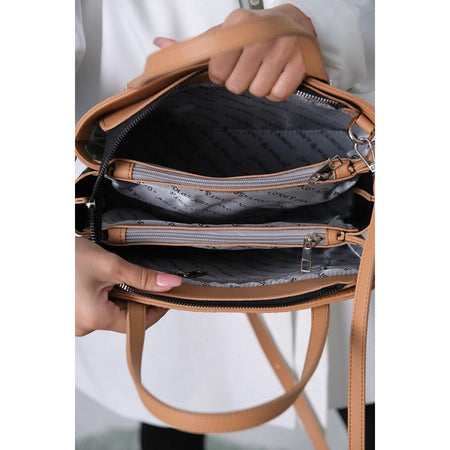 Just Polo Women's Embossed Print Zipper Closure Shoulder and Handbag with Long Adjustable Shoulder Strap Black - Tan - MALLTURK