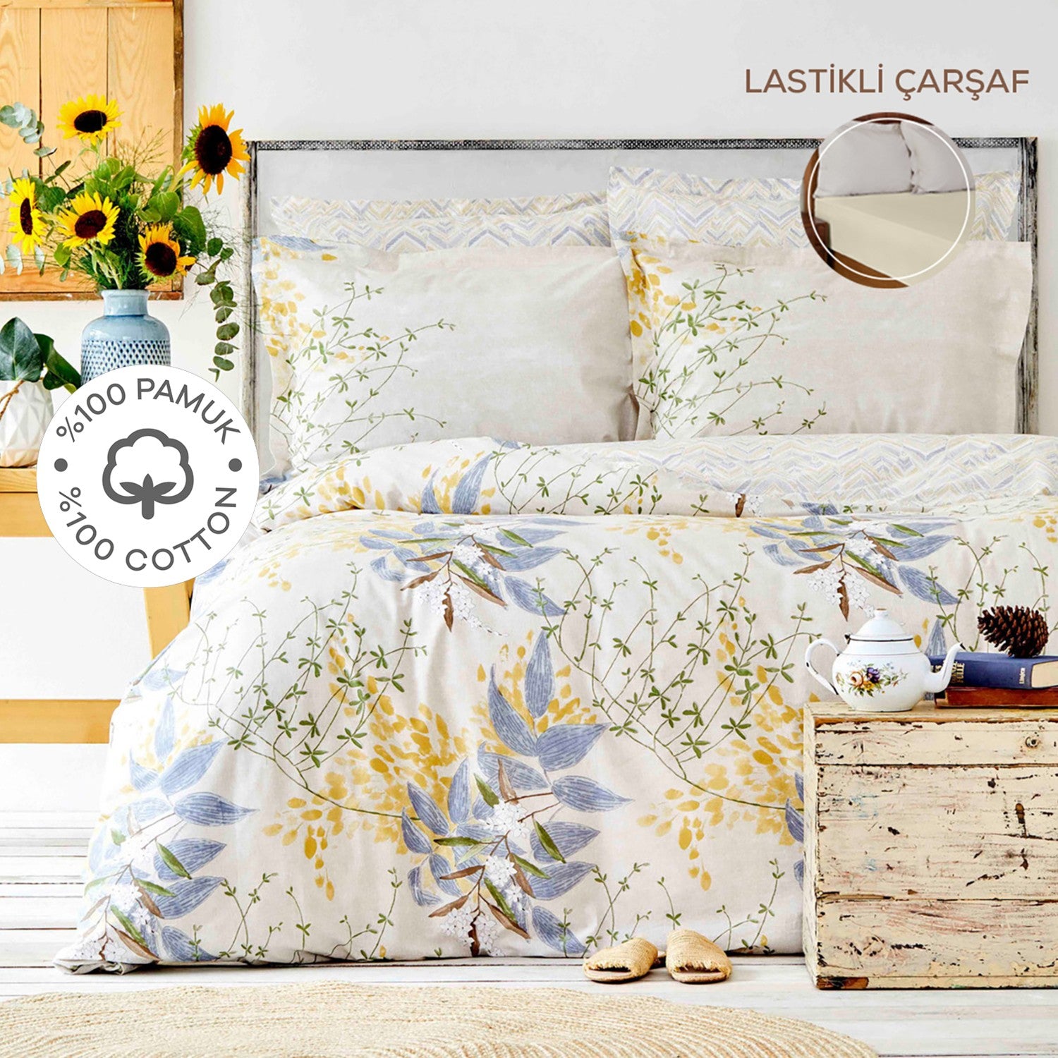 Karaca Home Clarinda %100 Cotton Double With Fitted Sheet Duvet Cover Set Mustard - MALLTURK