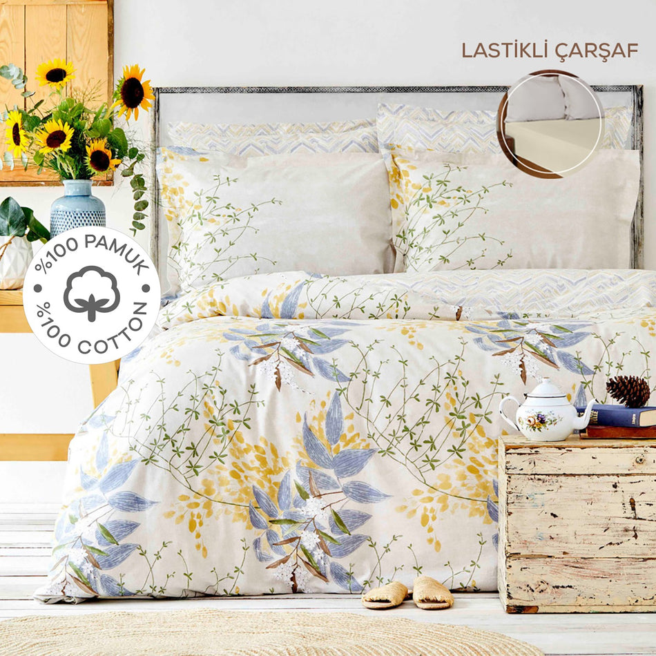 Karaca Home Clarinda %100 Cotton Double With Fitted Sheet Duvet Cover Set Mustard - MALLTURK