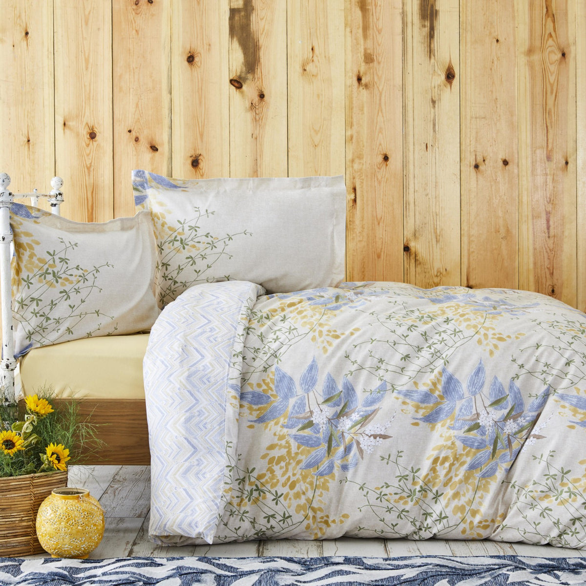 Karaca Home Clarinda %100 Cotton Double With Fitted Sheet Duvet Cover Set Mustard - MALLTURK
