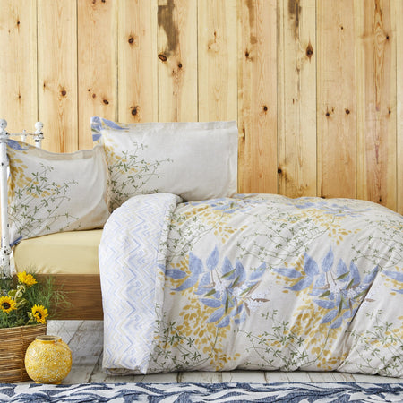 Karaca Home Clarinda %100 Cotton Double With Fitted Sheet Duvet Cover Set Mustard - MALLTURK