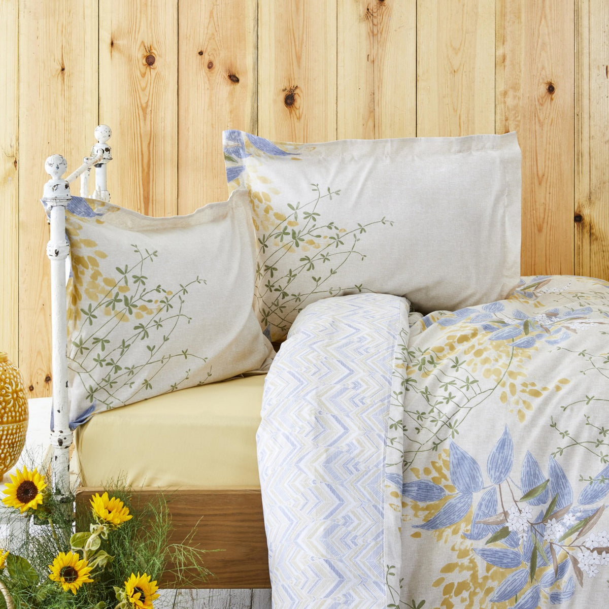 Karaca Home Clarinda %100 Cotton Double With Fitted Sheet Duvet Cover Set Mustard - MALLTURK