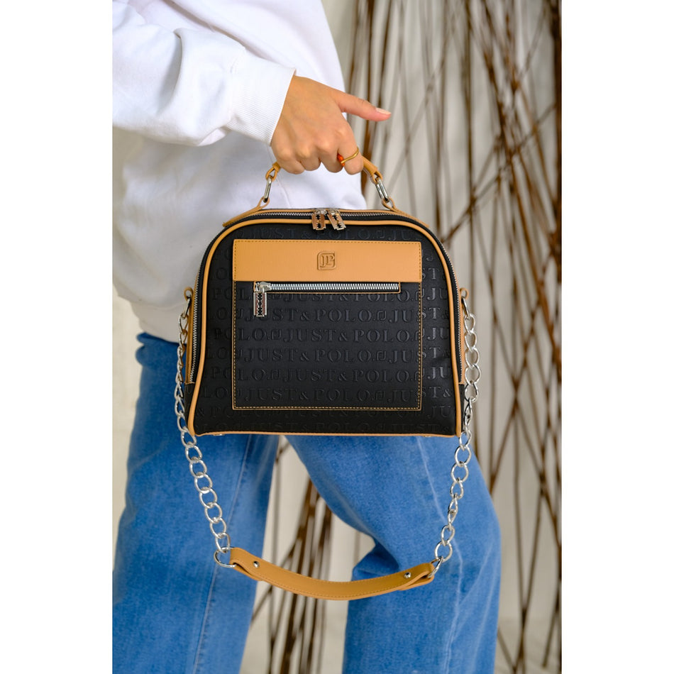 Just Polo Women's Just Polo Embossed Print Razor Motif Zipper Pulls Vegan Shoulder Bag - MALLTURK