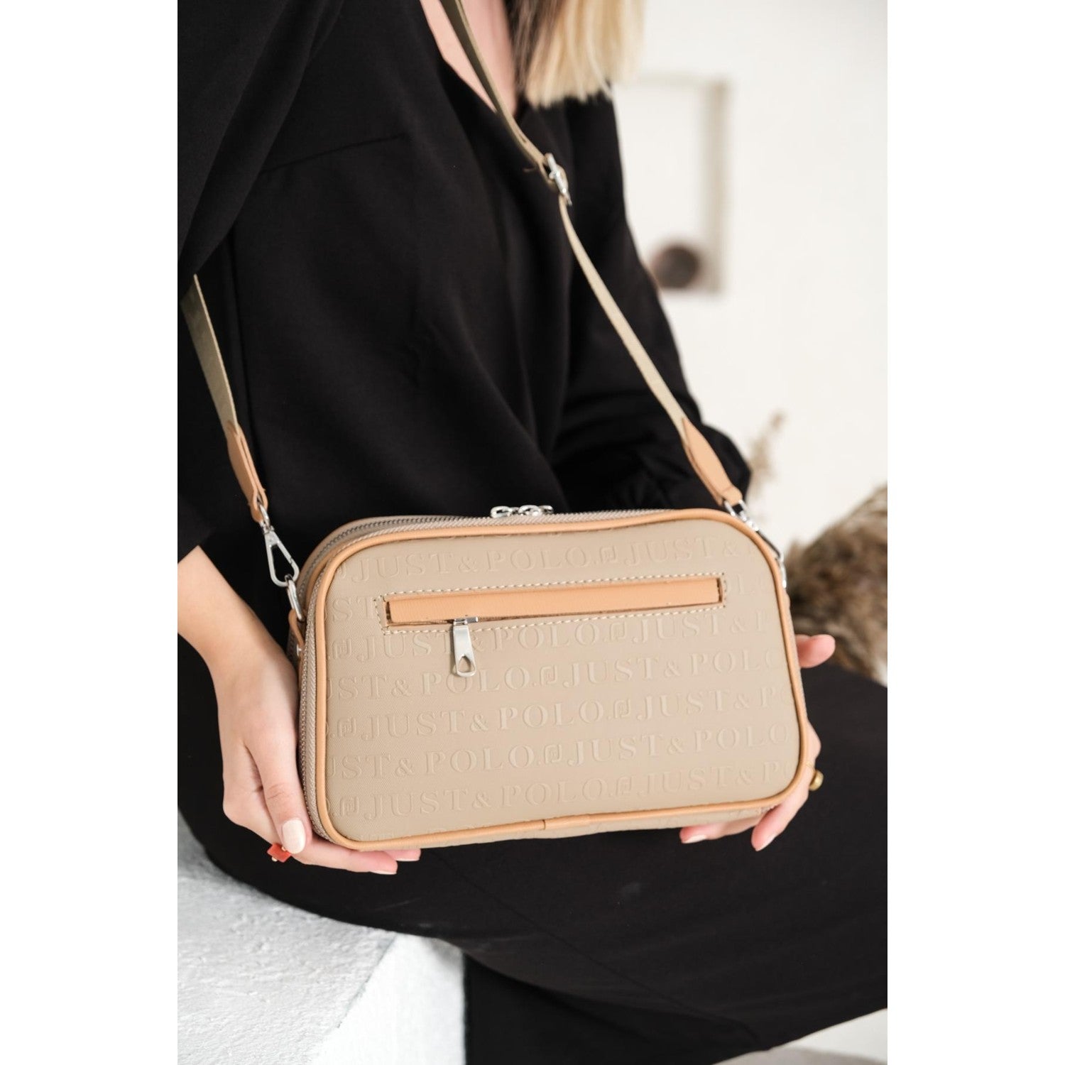 Just Polo Women's Embossed Print Just & Polo Patterned Bag Vegan Shoulder and Handbag Mink-Tan - MALLTURK