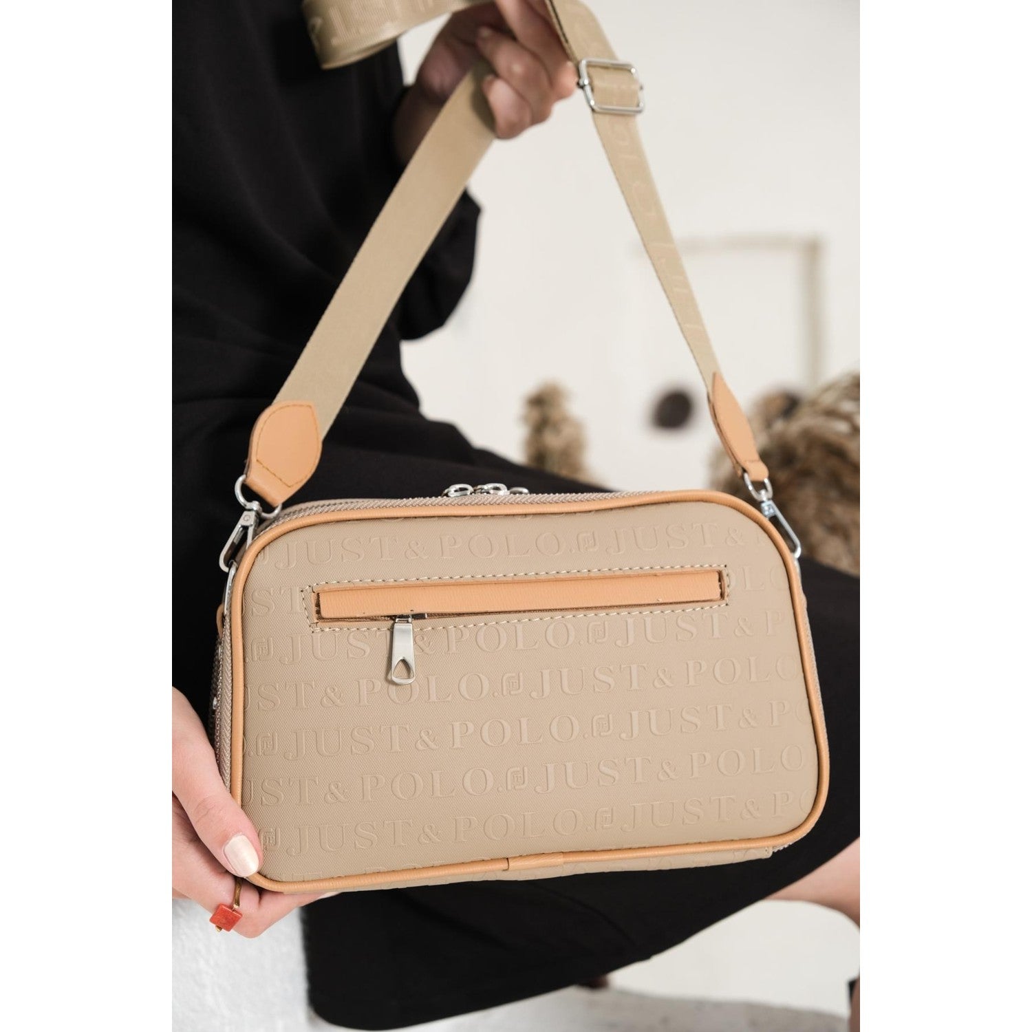 Just Polo Women's Embossed Print Just & Polo Patterned Bag Vegan Shoulder and Handbag Mink-Tan - MALLTURK