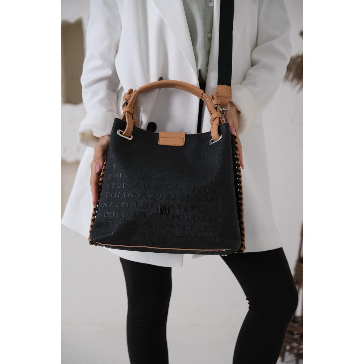 Just Polo Women's Just Polo Embossed Pattern Magnetic Snap Closure Handbag with Shoulder Strap Black - Tan - MALLTURK