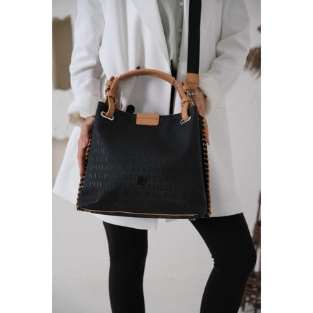 Just Polo Women's Just Polo Embossed Pattern Magnetic Snap Closure Handbag with Shoulder Strap Black - Tan - MALLTURK